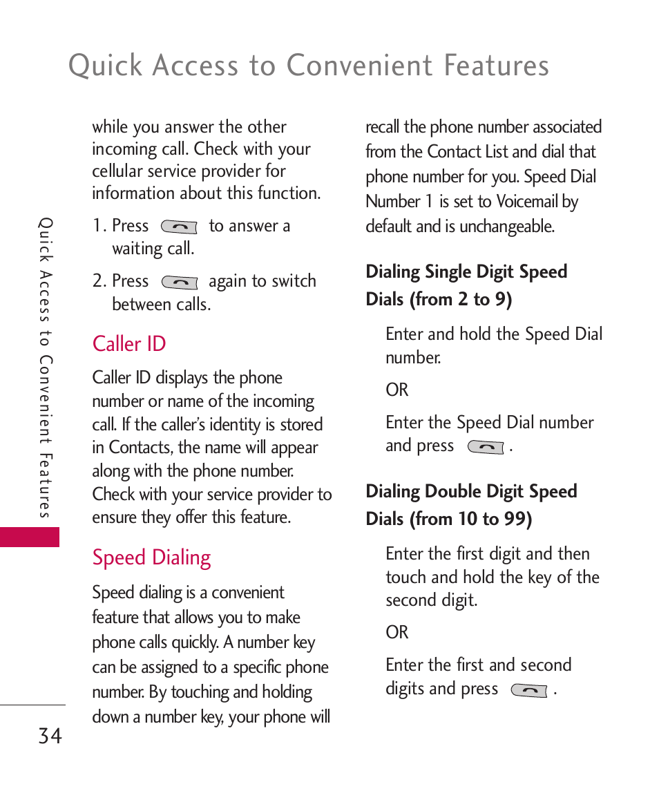 Caller id, Speed dialing, Quick access to convenient features | LG UN270 User Manual | Page 36 / 282