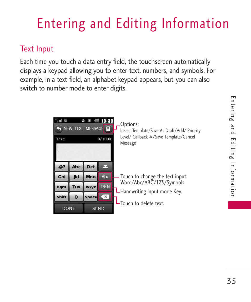 Entering and editing informa, Text input, Entering and editing information | LG UN270 User Manual | Page 37 / 282