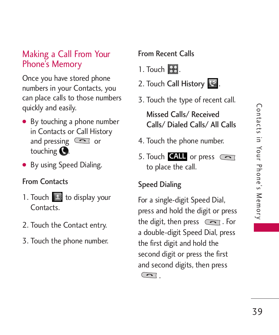 Making a call from your pho, Making a call from your phone’s memory | LG UN270 User Manual | Page 41 / 282