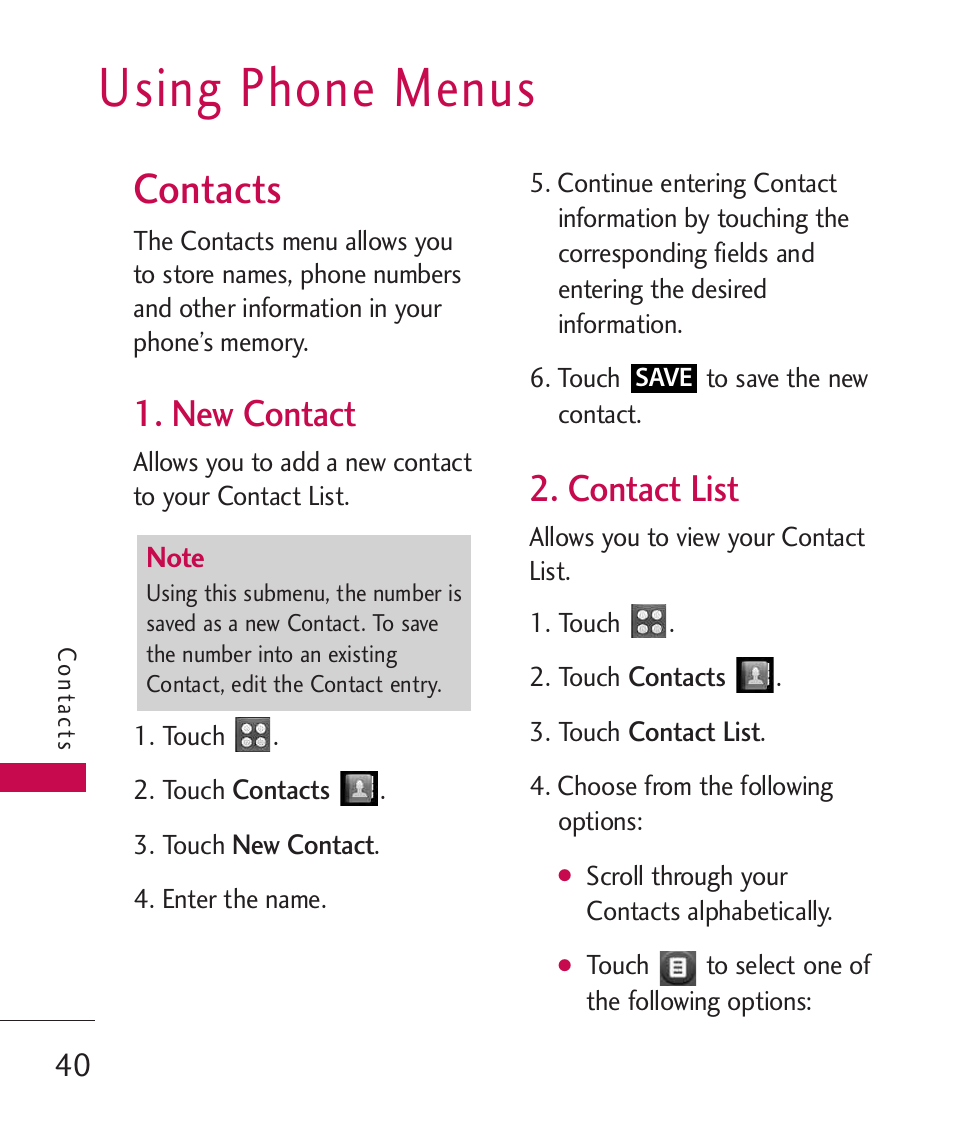 Using phone menus, Contacts, New contact | Contact list | LG UN270 User Manual | Page 42 / 282