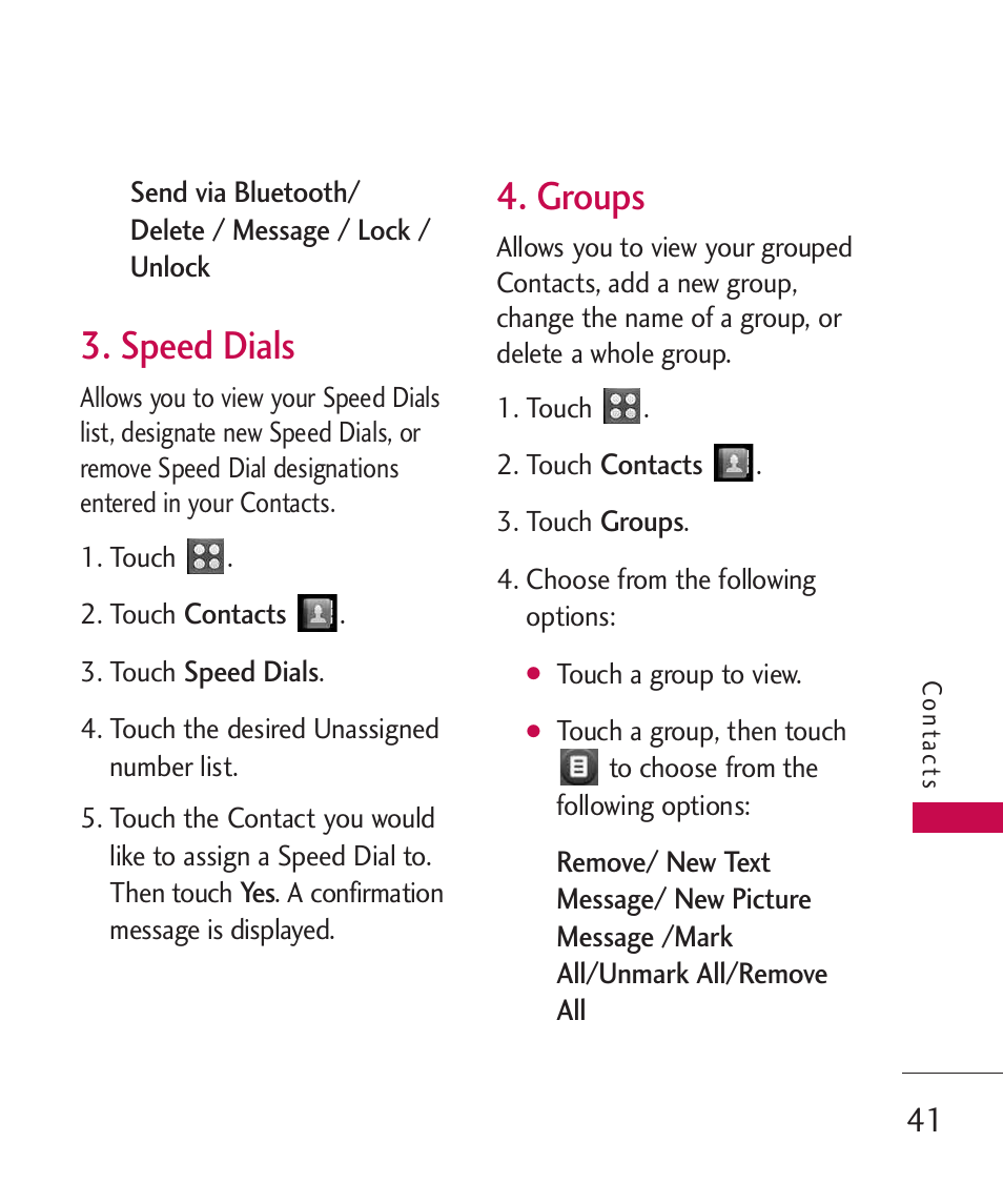 Speed dials, Groups | LG UN270 User Manual | Page 43 / 282