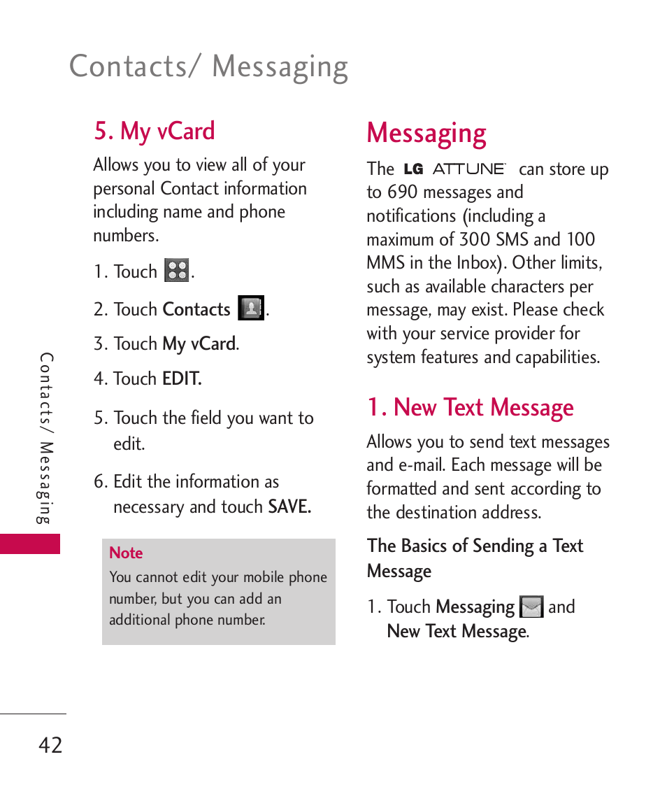 My vcard, Messaging, New text message | Contacts/ messaging | LG UN270 User Manual | Page 44 / 282