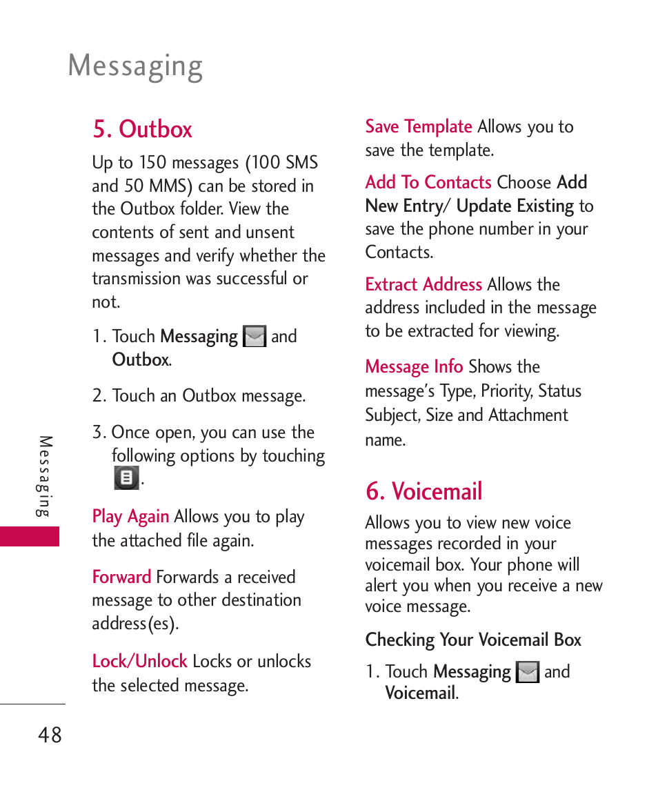 Outbox, Voicemail, Messaging | LG UN270 User Manual | Page 50 / 282