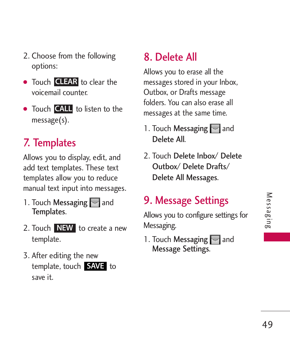 Templates, Delete all, Message settings | LG UN270 User Manual | Page 51 / 282