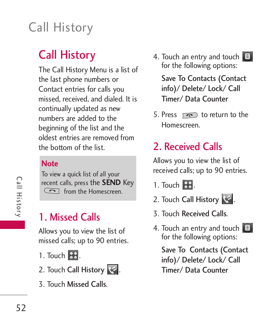 Call history, Missed calls, Received calls | LG UN270 User Manual | Page 54 / 282