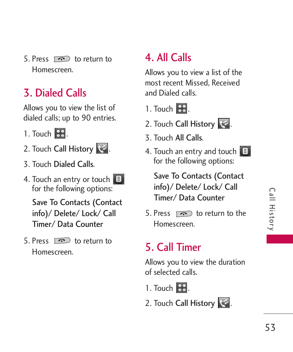 Dialed calls, All calls, Call timer | LG UN270 User Manual | Page 55 / 282