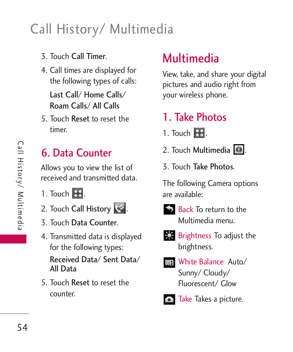 Data counter, Multimedia, Take photos | Call history/ multimedia | LG UN270 User Manual | Page 56 / 282