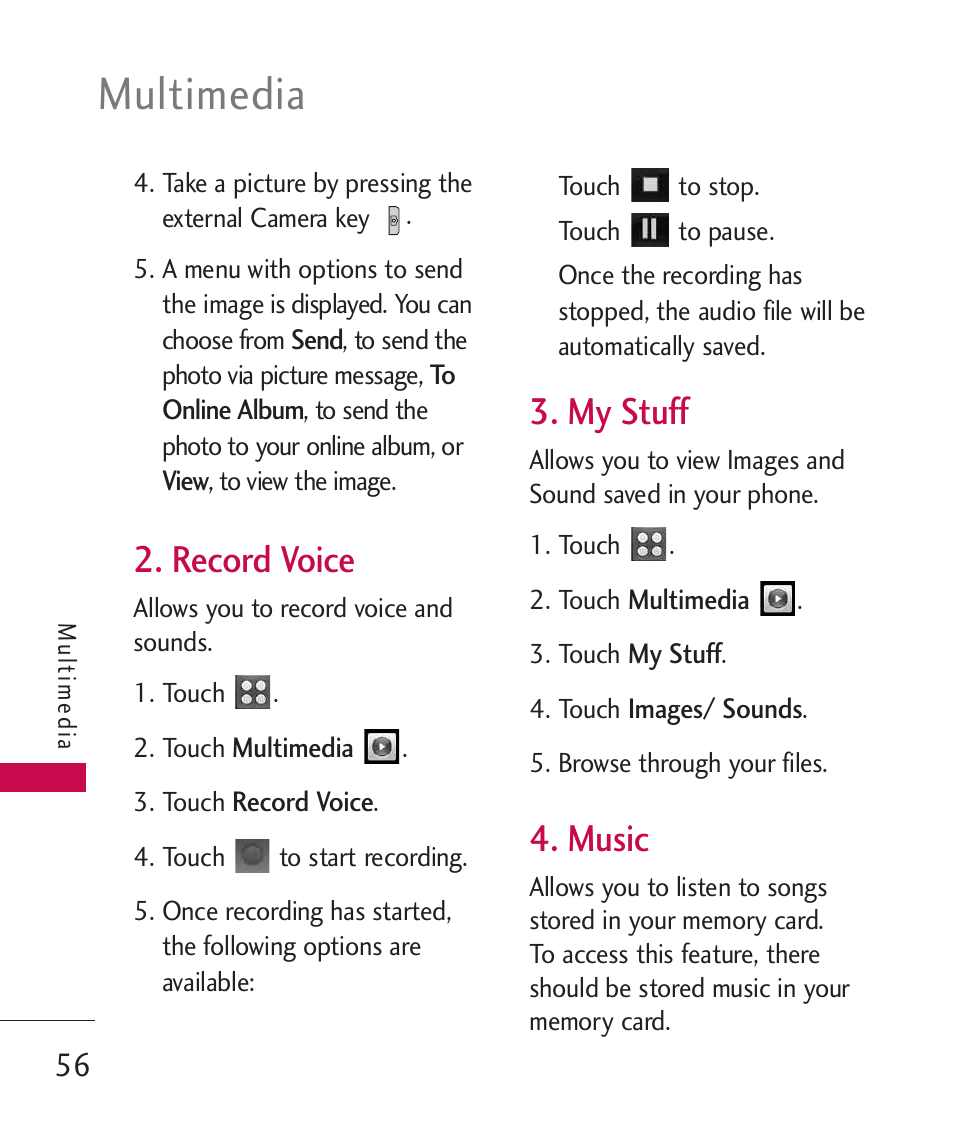 Record voice, My stuff, Music | Multimedia | LG UN270 User Manual | Page 58 / 282