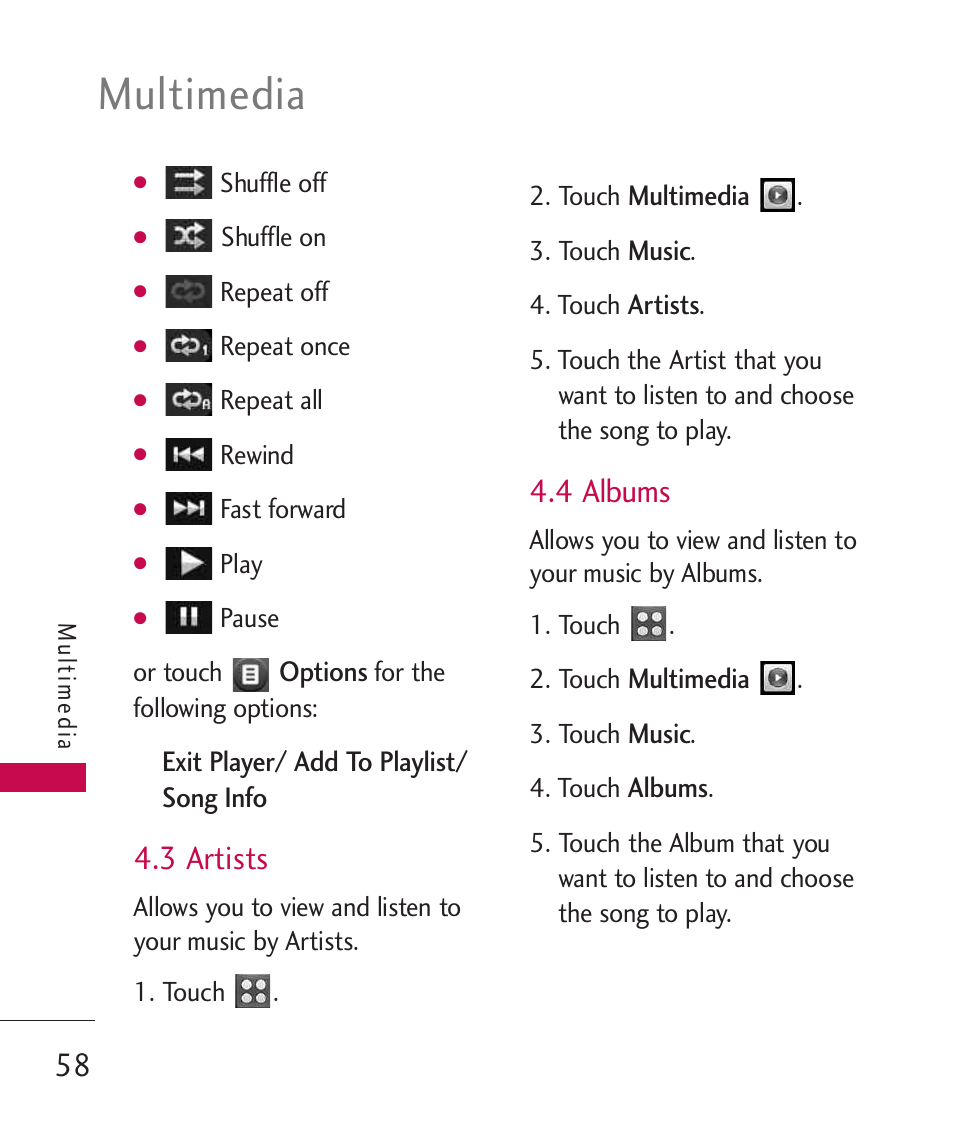 3 artists, 4 albums, Multimedia | LG UN270 User Manual | Page 60 / 282