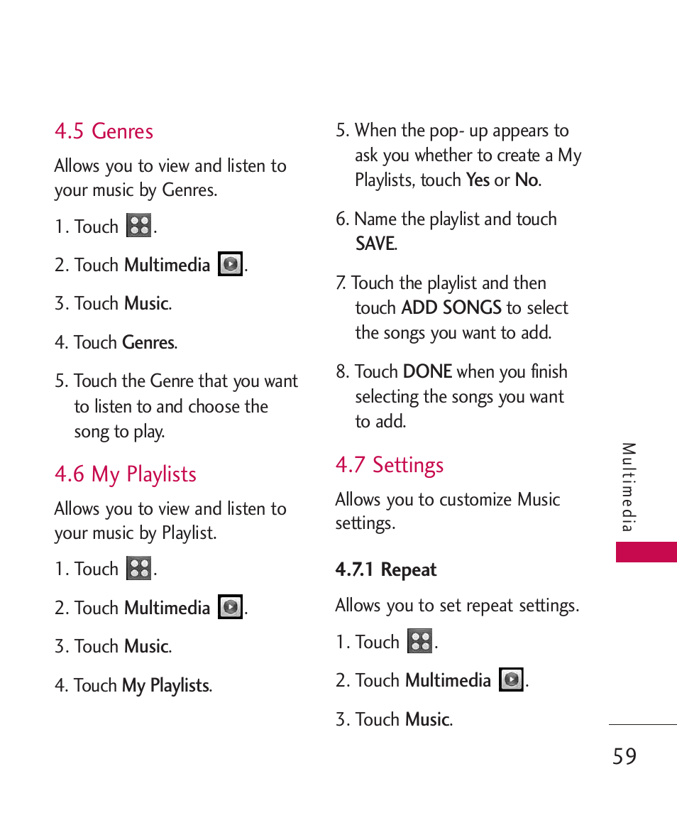 5 genres, 6 my playlists, 7 settings | 1 repeat | LG UN270 User Manual | Page 61 / 282