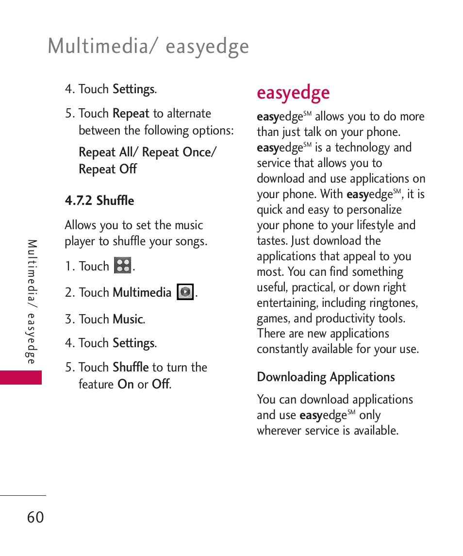 2 shuffle, Easyedge, Multimedia/ easyedge | LG UN270 User Manual | Page 62 / 282