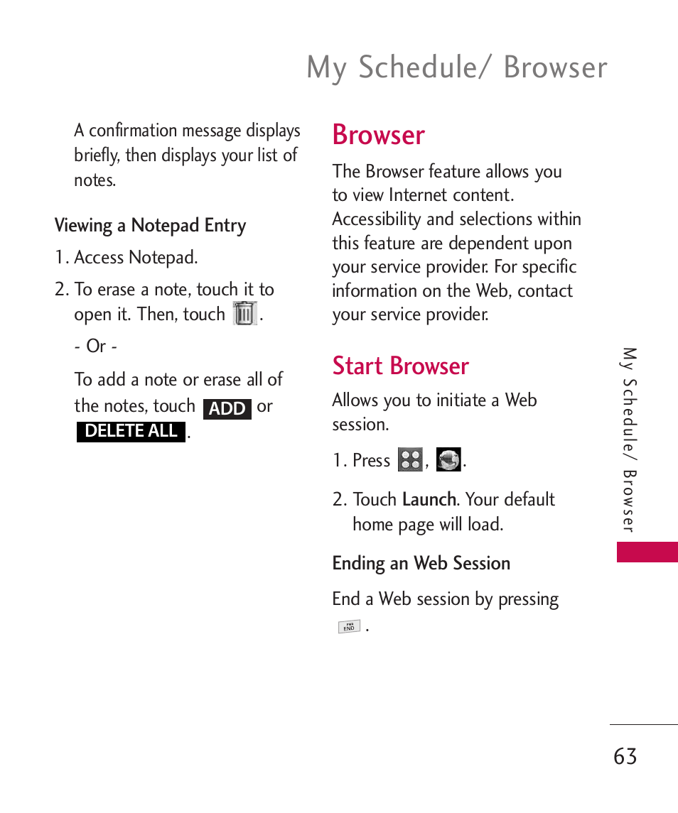 Browser, My schedule/ browser, Start browser | LG UN270 User Manual | Page 65 / 282