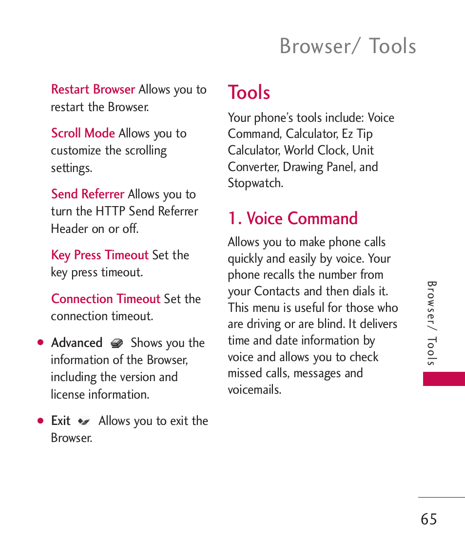 Tools, Voice command, Browser/ tools | LG UN270 User Manual | Page 67 / 282