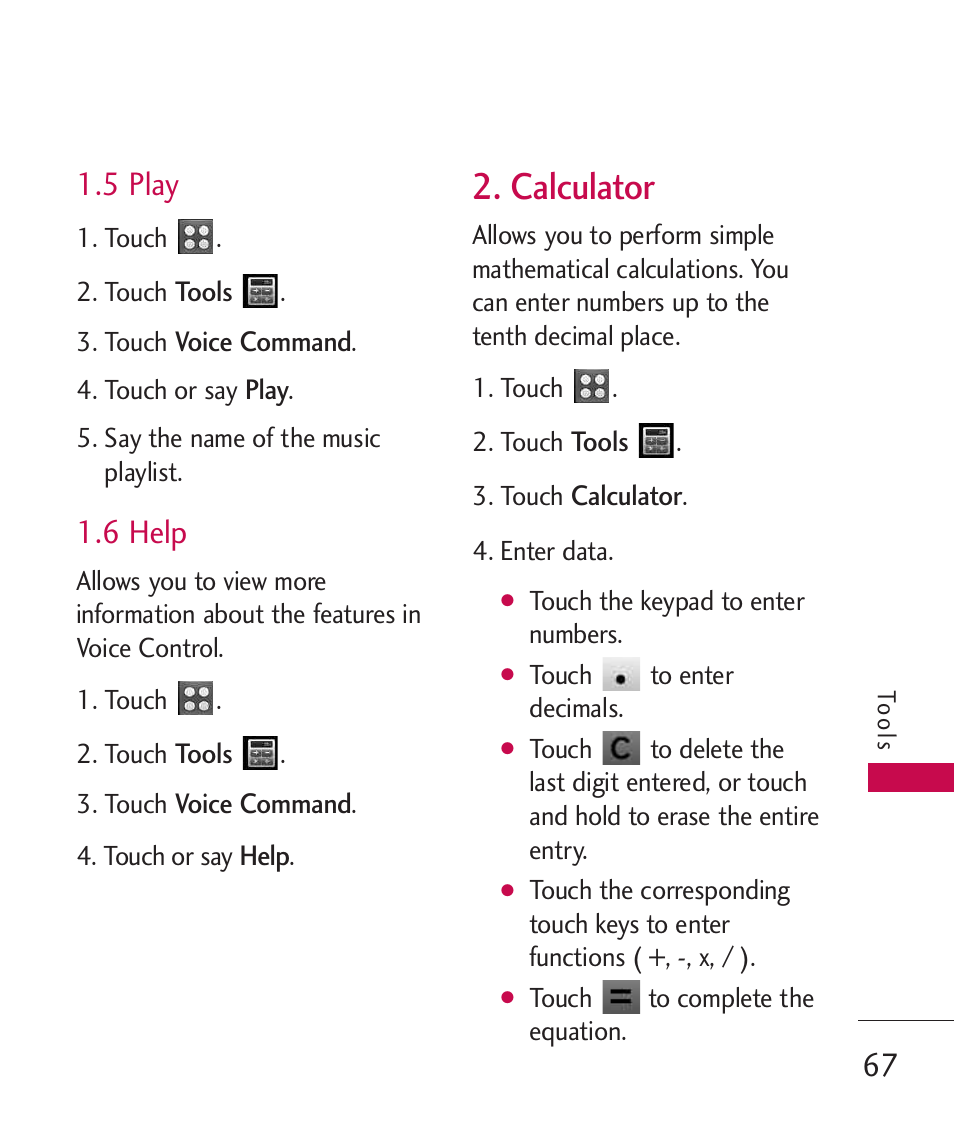 5 play, 6 help, Calculator | LG UN270 User Manual | Page 69 / 282