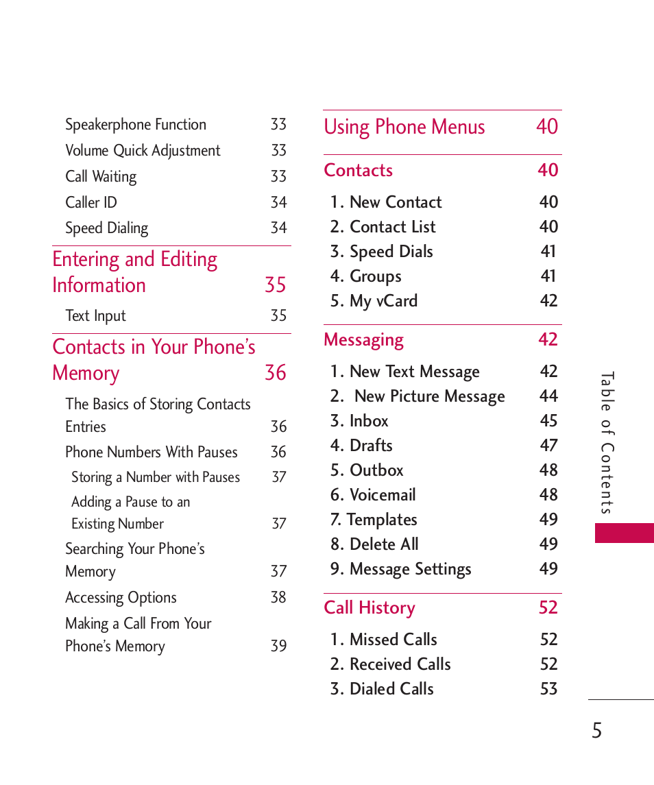 Entering and editing information 35, Using phone menus 40 | LG UN270 User Manual | Page 7 / 282