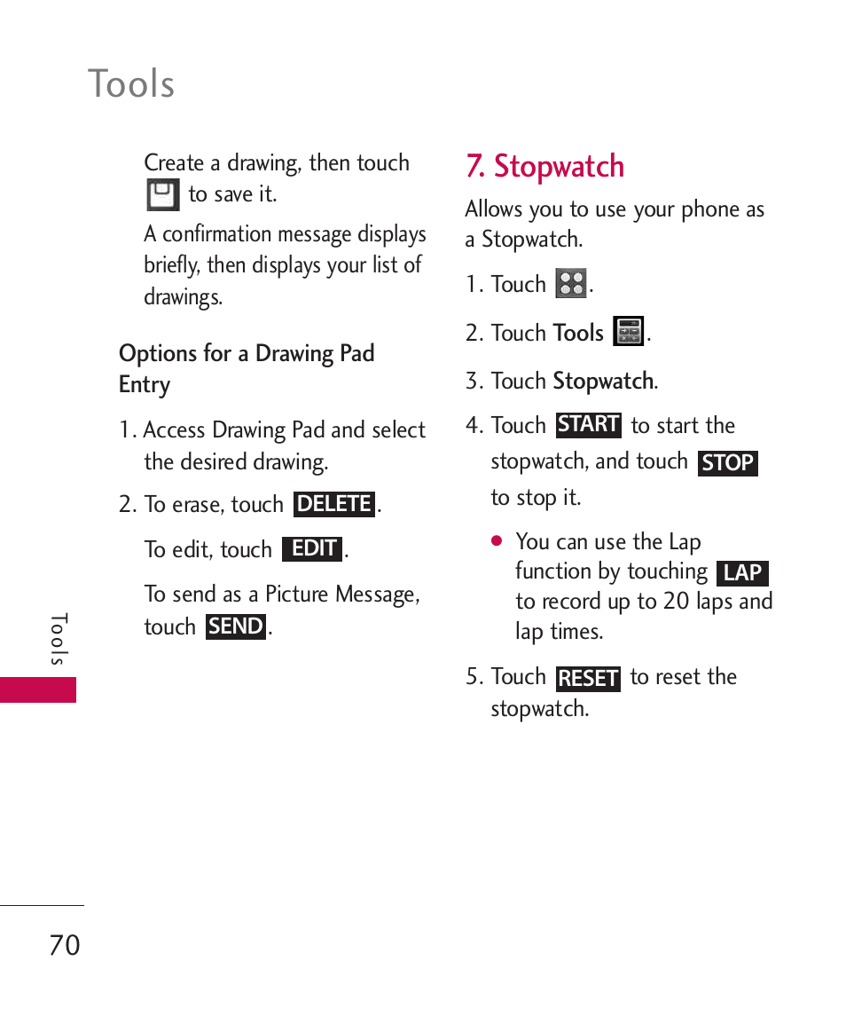 Stopwatch, Tools | LG UN270 User Manual | Page 72 / 282