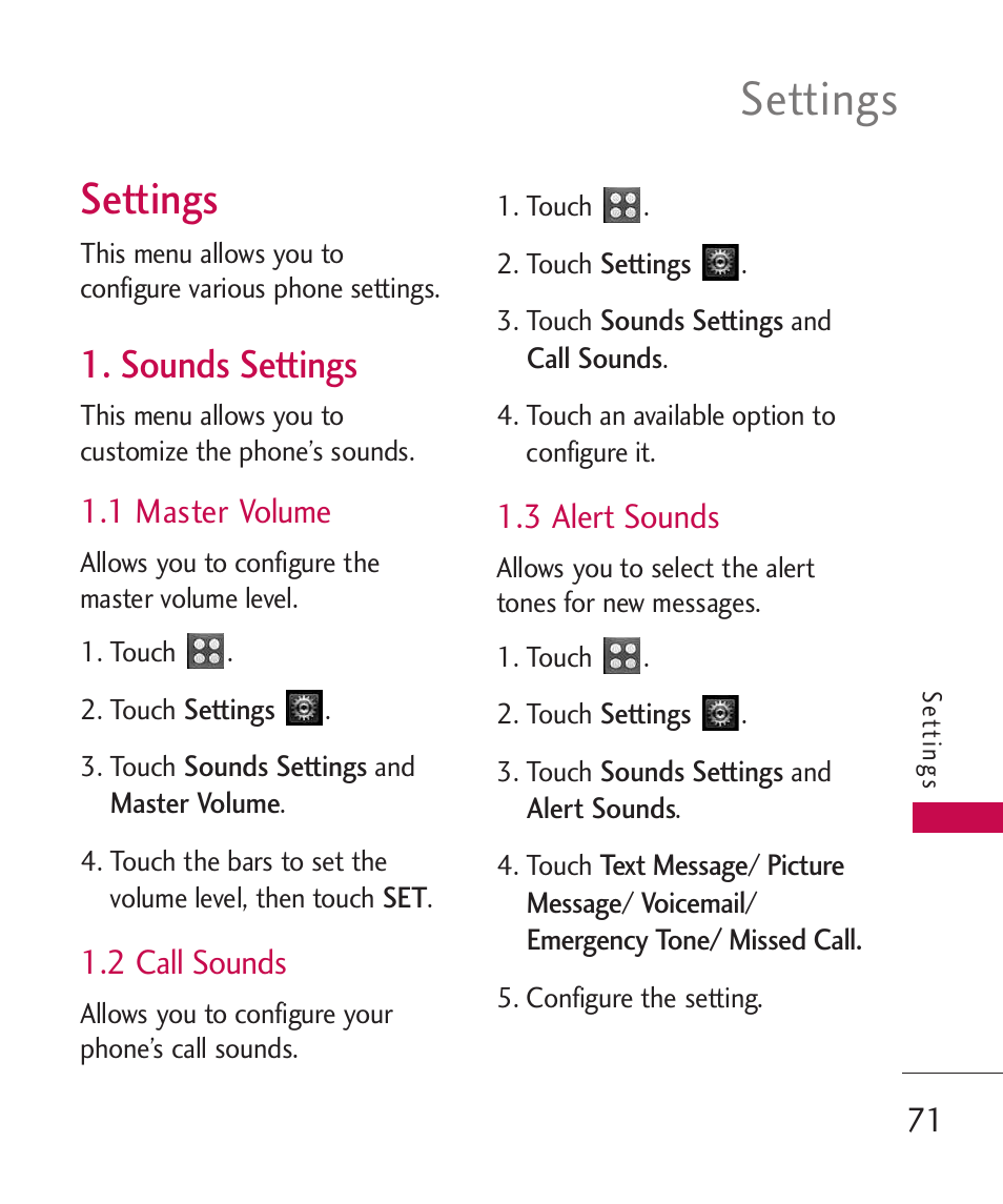 Settings, Sounds settings, 1 master volume | 2 call sounds, 3 alert sounds | LG UN270 User Manual | Page 73 / 282