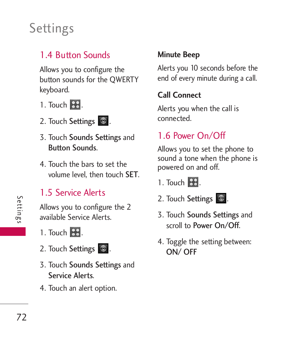 4 button sounds, 5 service alerts, 6 power on/off | Settings | LG UN270 User Manual | Page 74 / 282