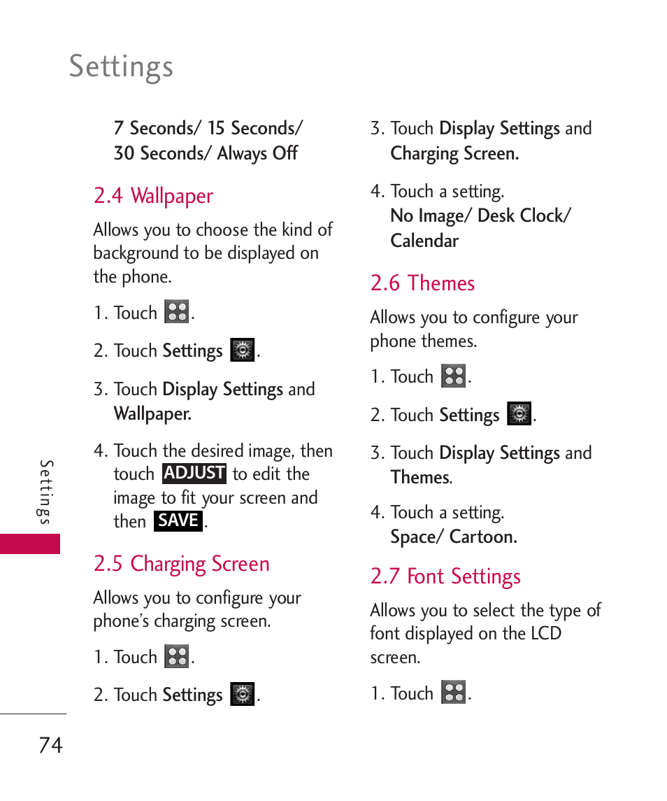 4 wallpaper, 5 charging screen, 6 themes | 7 font settings, Settings | LG UN270 User Manual | Page 76 / 282