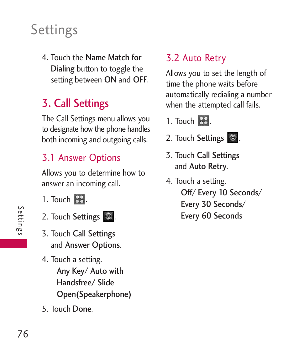 Call settings, 1 answer options, Settings | 2 auto retry | LG UN270 User Manual | Page 78 / 282