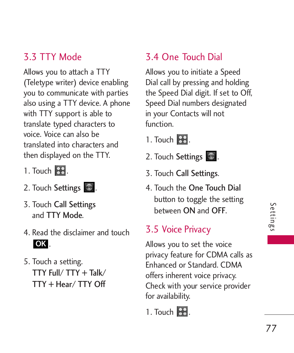 3 tty mode, 4 one touch dial, 5 voice privacy | LG UN270 User Manual | Page 79 / 282