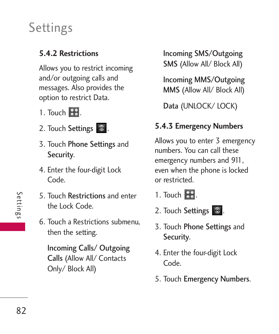 2 restrictions, 3 emergency numbers, Settings | LG UN270 User Manual | Page 84 / 282