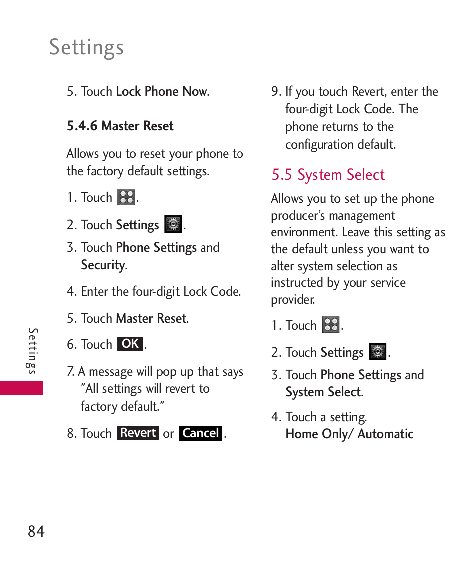 6 master reset, 5 system select, Settings | LG UN270 User Manual | Page 86 / 282