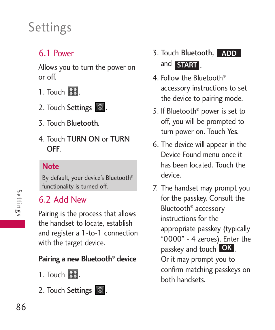 1 power, 2 add new, Settings | LG UN270 User Manual | Page 88 / 282