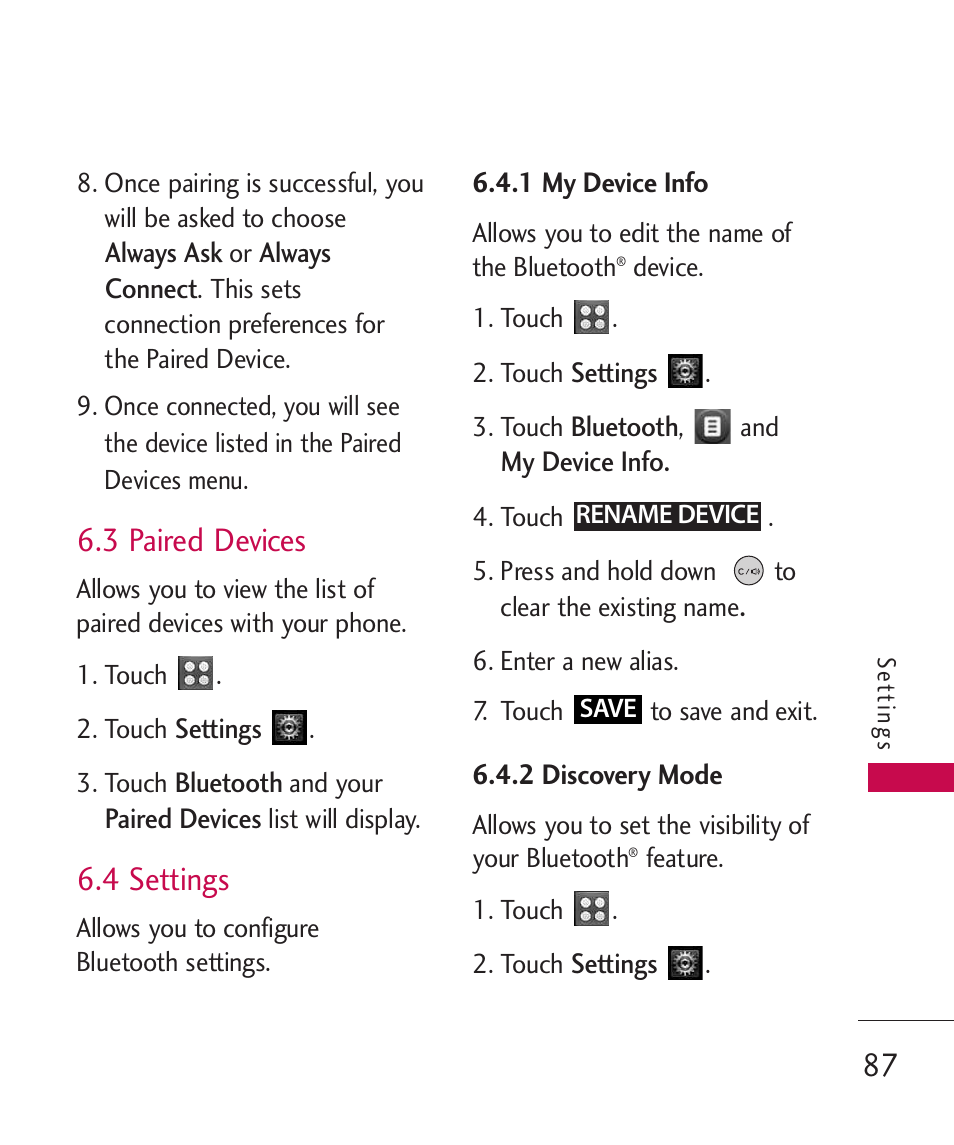 3 paired devices, 4 settings, 1 my device info | LG UN270 User Manual | Page 89 / 282