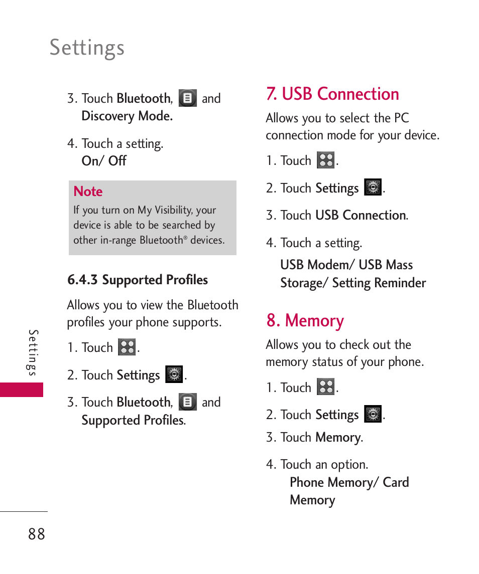 3 supported profiles, Usb connection, Memory | Settings | LG UN270 User Manual | Page 90 / 282