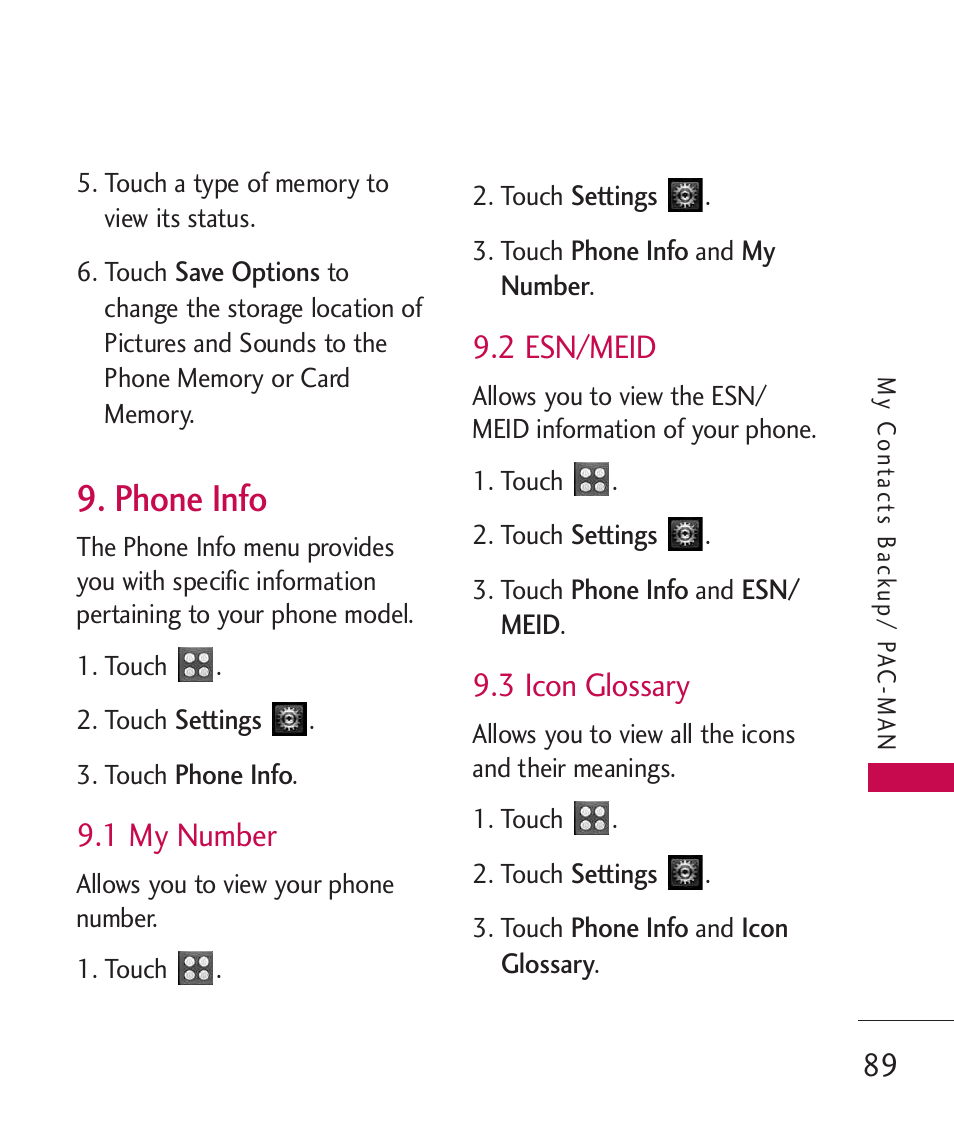 Phone info, 1 my number, 2 esn/meid | 3 icon glossary | LG UN270 User Manual | Page 91 / 282