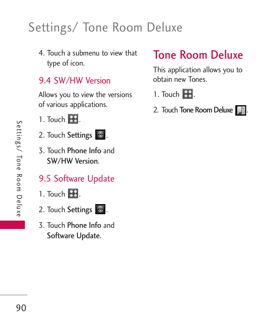 4 sw/hw version, 5 software update, Tone room deluxe | Settings/ tone room deluxe | LG UN270 User Manual | Page 92 / 282