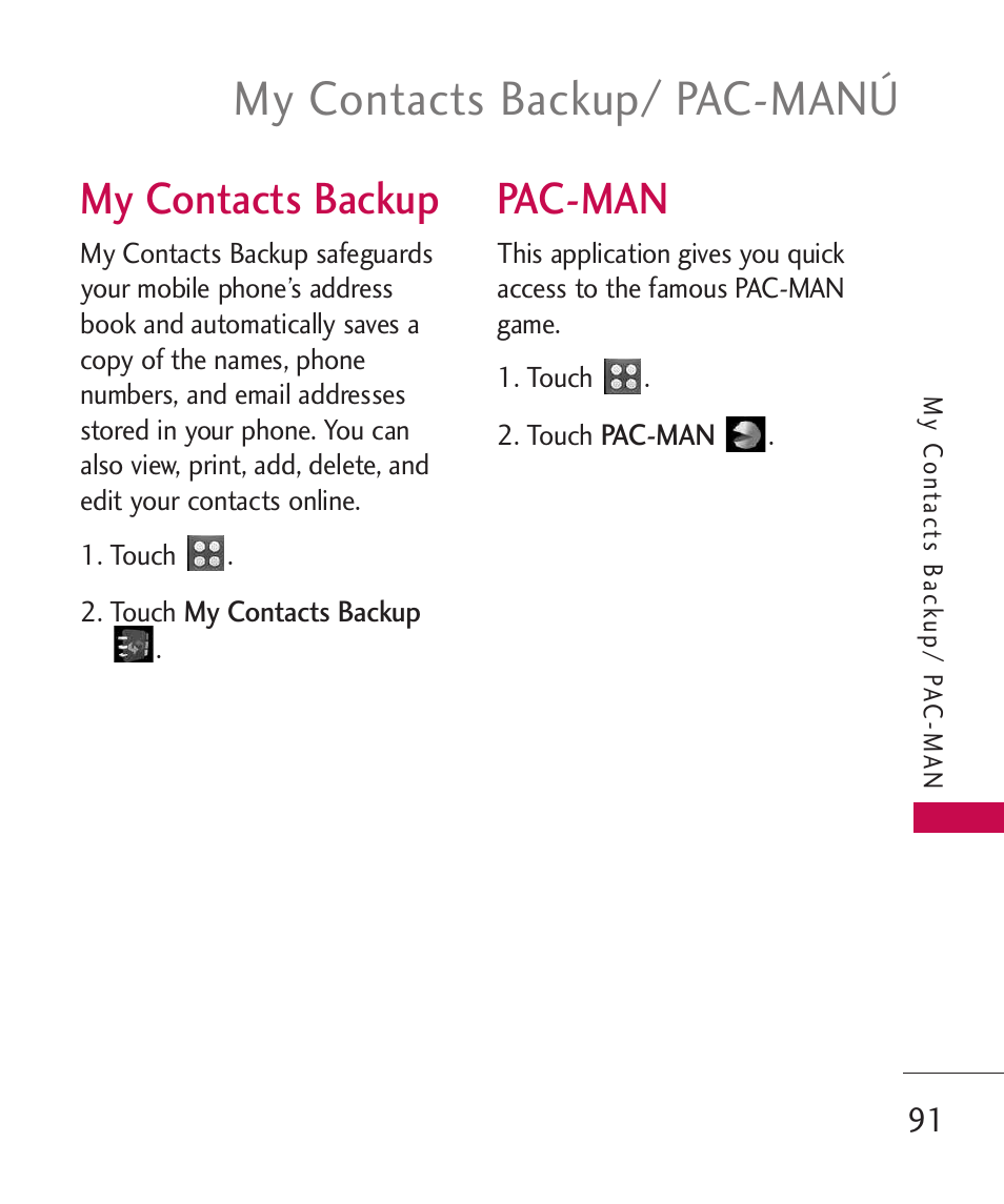 My contacts backup, Pac-man, My contacts backup/ pac-manú | LG UN270 User Manual | Page 93 / 282