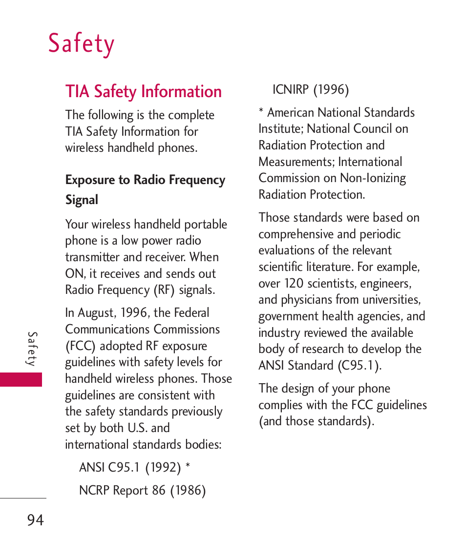 Safety, Tia safety information, Exposure to radio frequency | Exposure to radio frequency signal | LG UN270 User Manual | Page 96 / 282