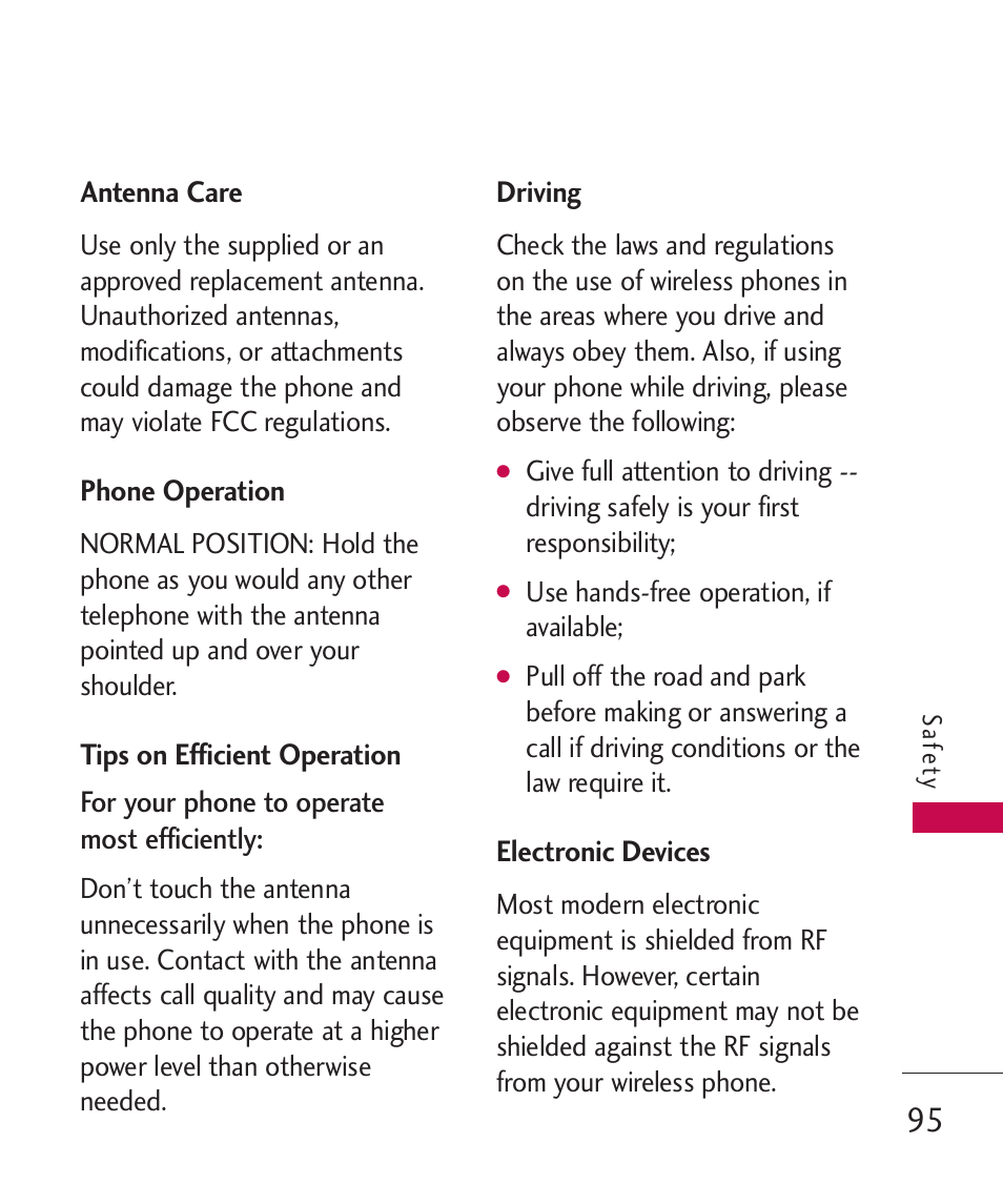 Antenna care, Phone operation, Tips on efficient operation | Driving, Electronic devices | LG UN270 User Manual | Page 97 / 282