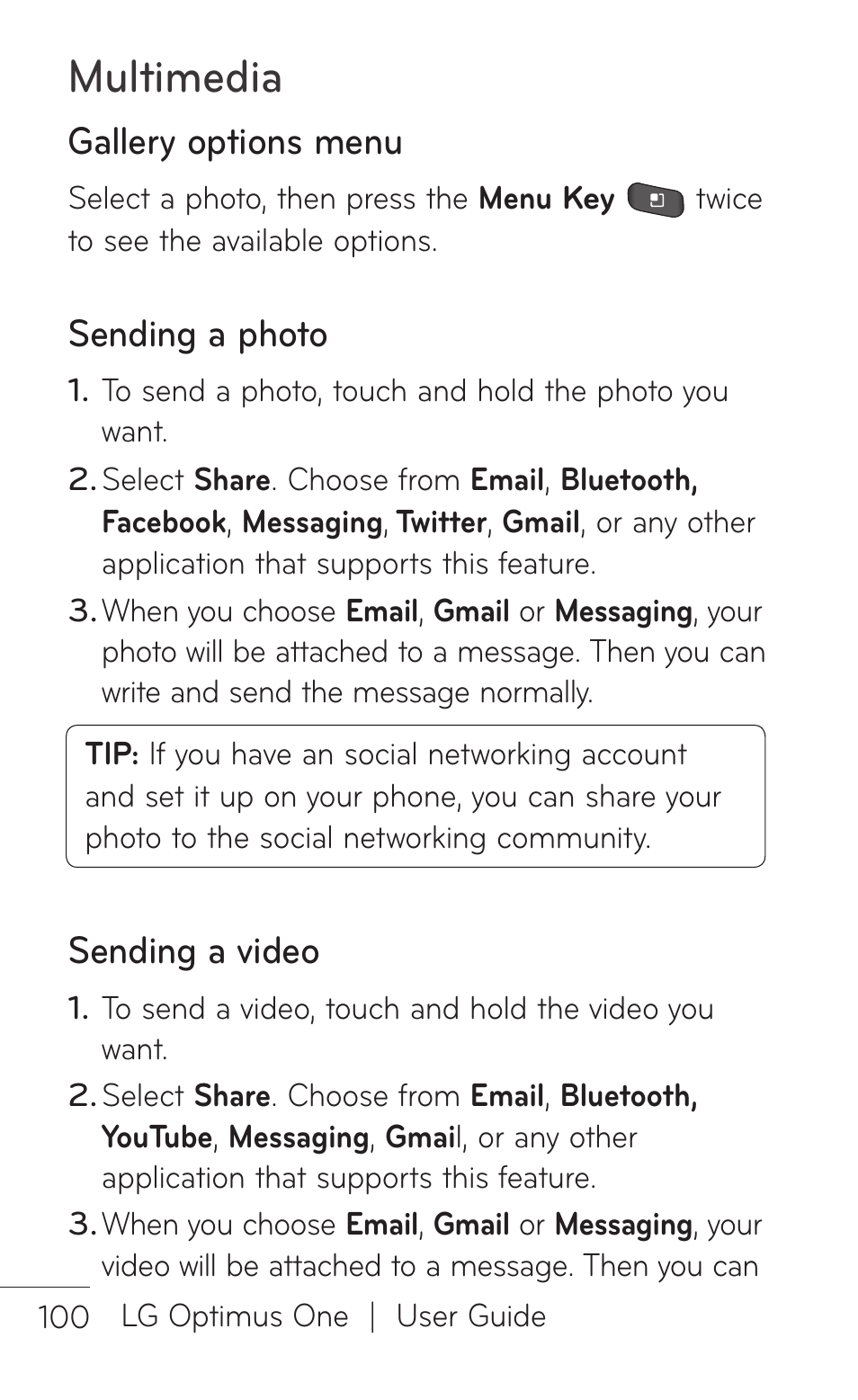 Gallery options menu, Sending a photo, Sending a video | Multimedia | LG LGP504 User Manual | Page 100 / 380