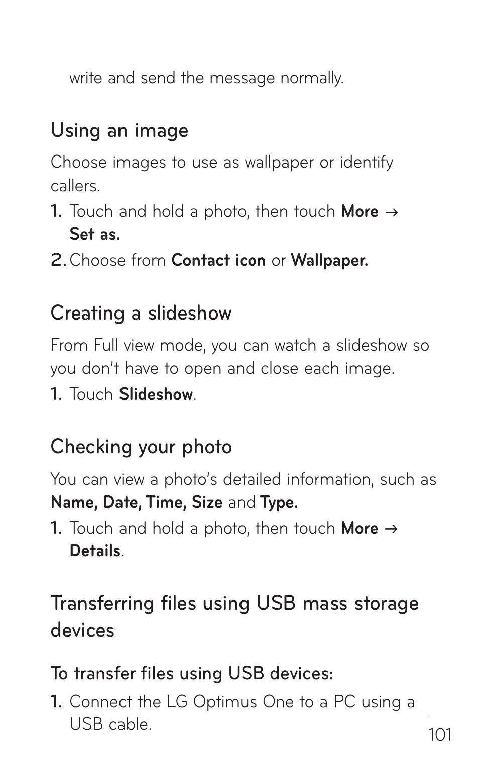 Using an image, Creating a slideshow, Checking your photo | Transferring files using usb mass storage devices | LG LGP504 User Manual | Page 101 / 380