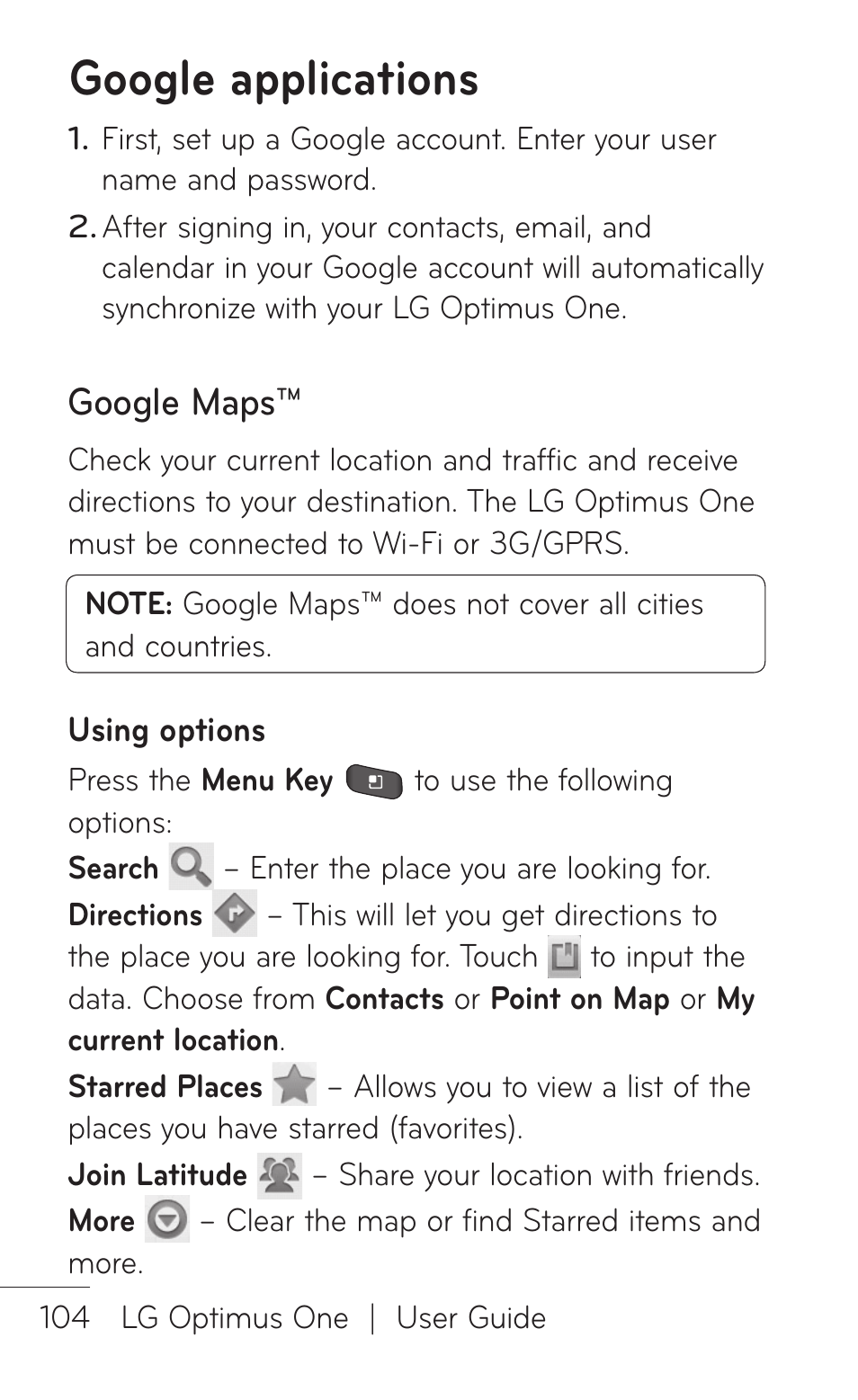 Google applications, Google maps | LG LGP504 User Manual | Page 104 / 380