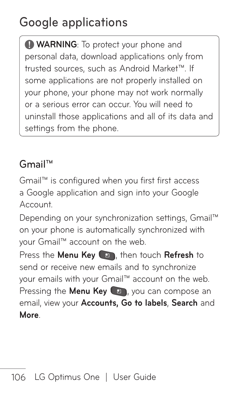 Gmail, Google applications | LG LGP504 User Manual | Page 106 / 380