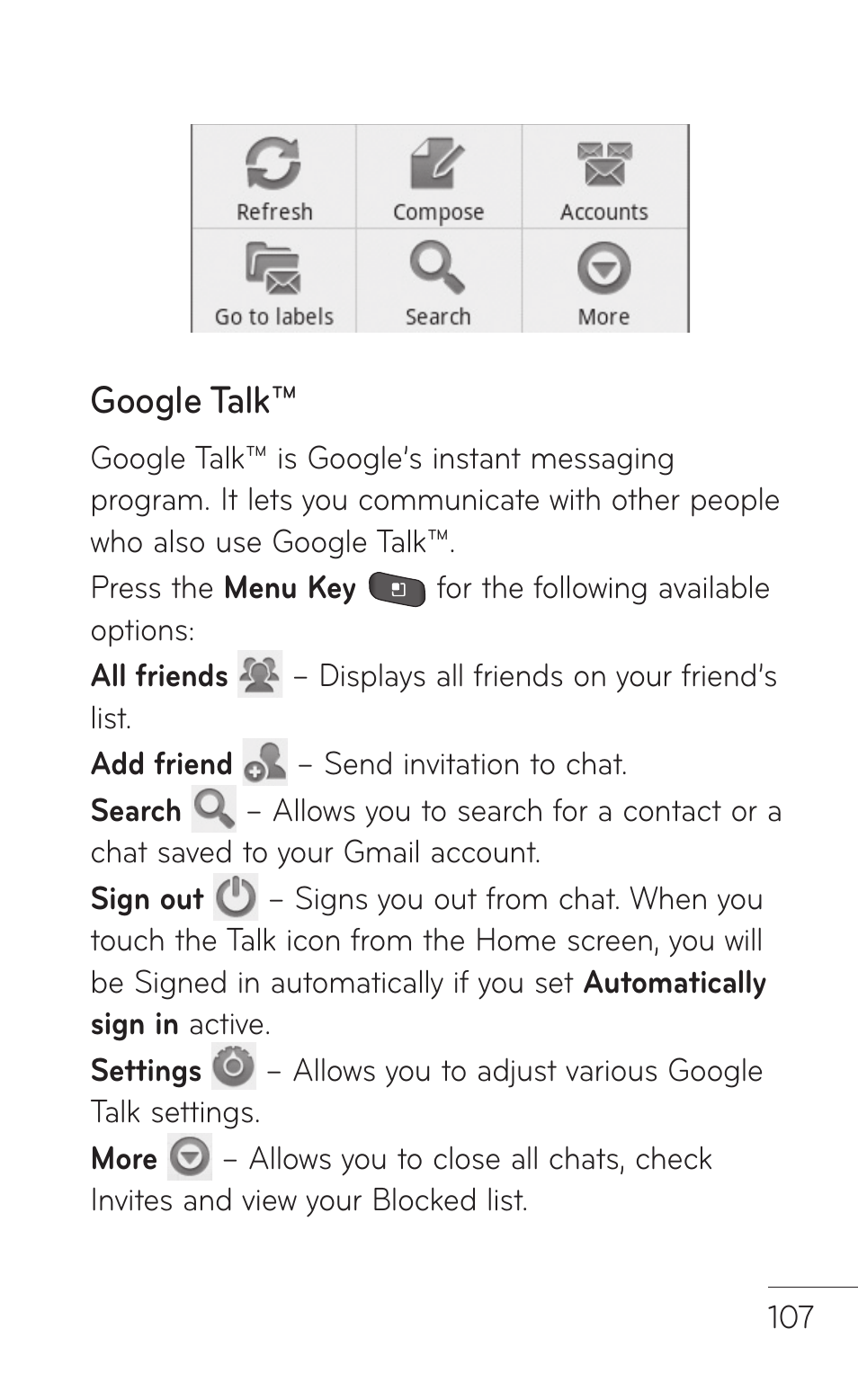 Google talk | LG LGP504 User Manual | Page 107 / 380