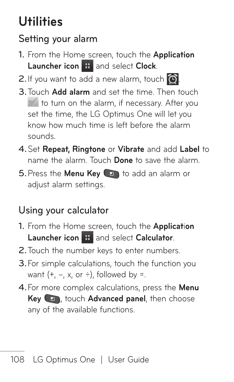 Utilities, Setting your alarm, Using your calculator | LG LGP504 User Manual | Page 108 / 380