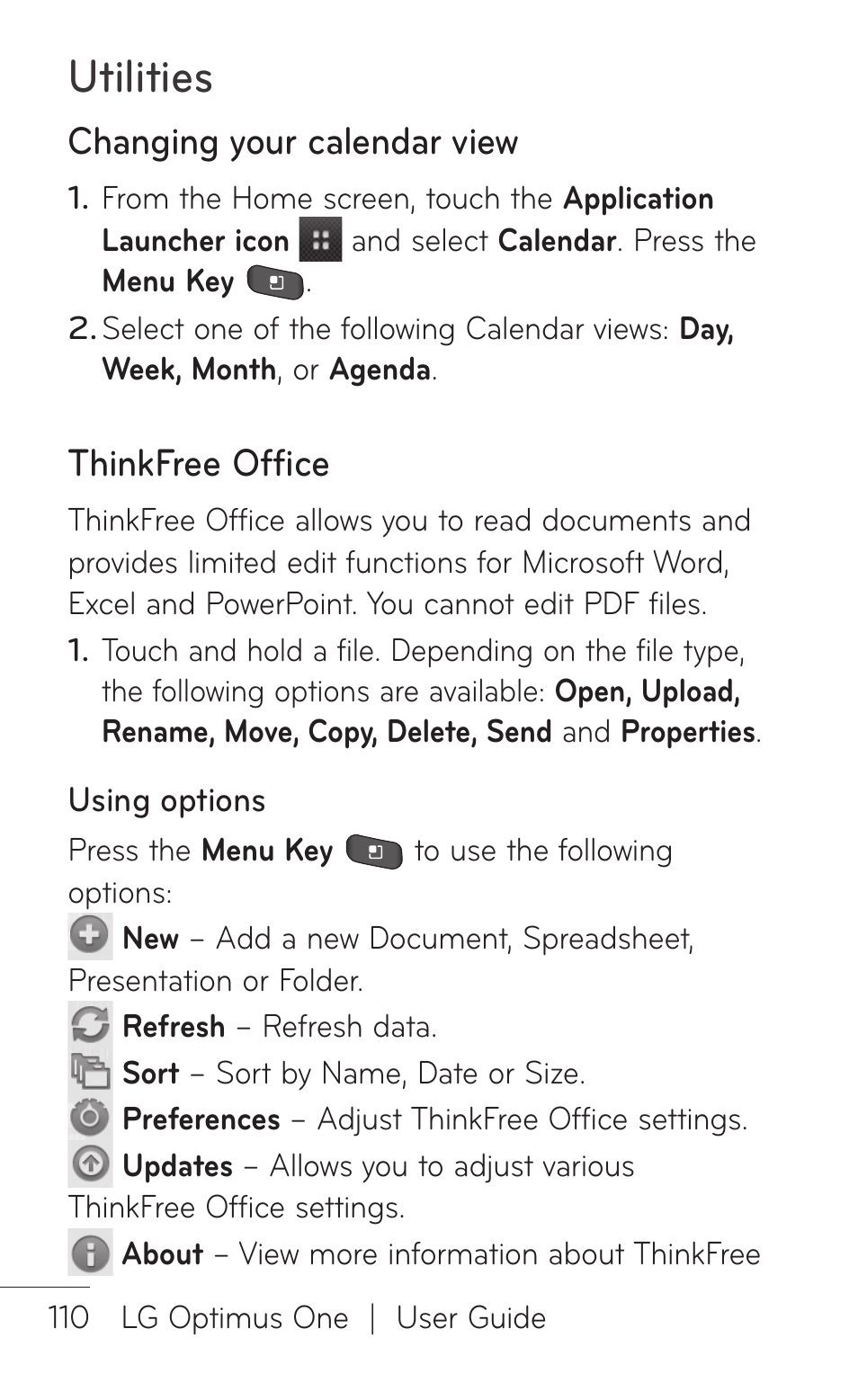 Changing your calendar view, Thinkfree office, Utilities | LG LGP504 User Manual | Page 110 / 380