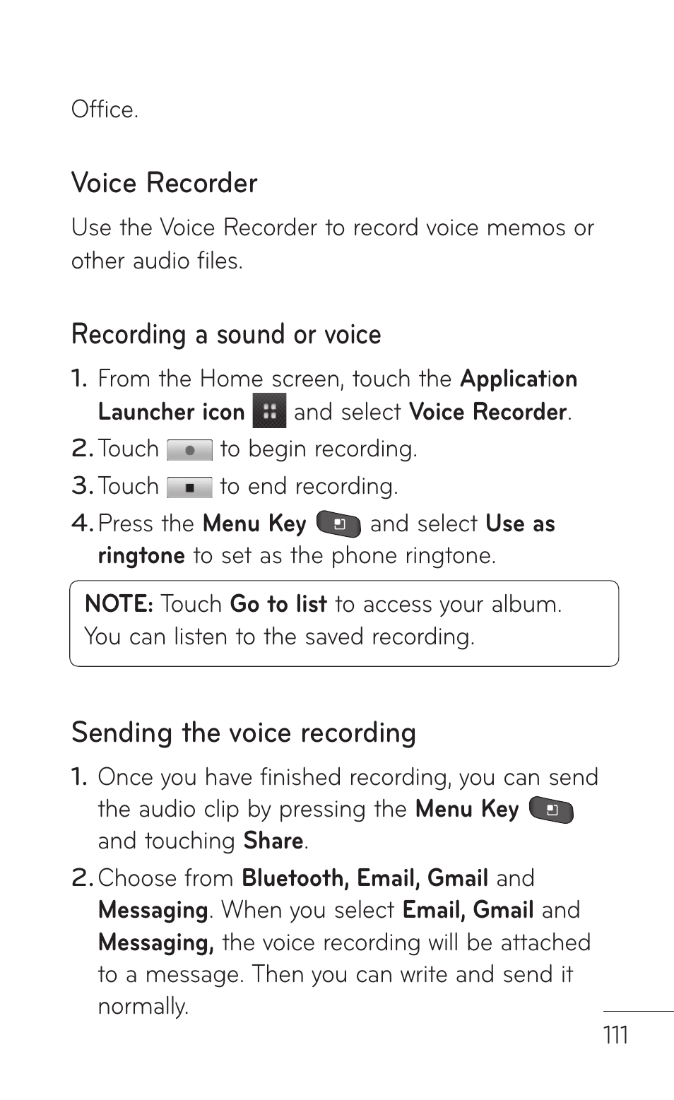 Voice recorder, Recording a sound or voice, Sending the voice recording | LG LGP504 User Manual | Page 111 / 380