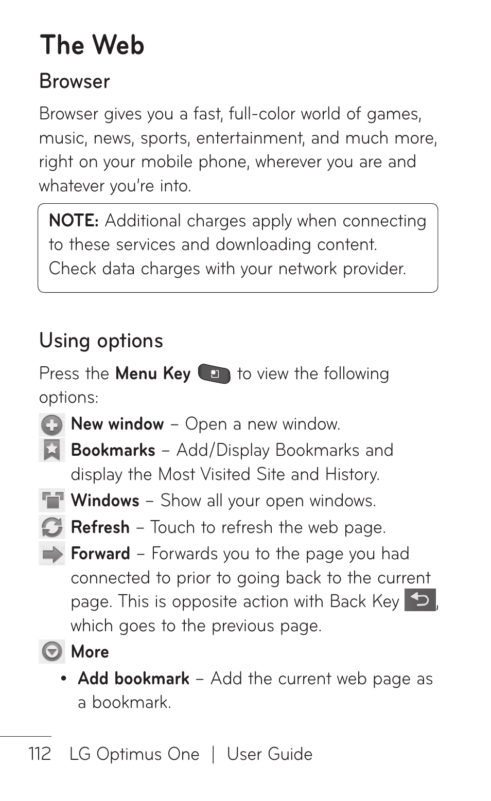 The web, Browser, Using options | LG LGP504 User Manual | Page 112 / 380