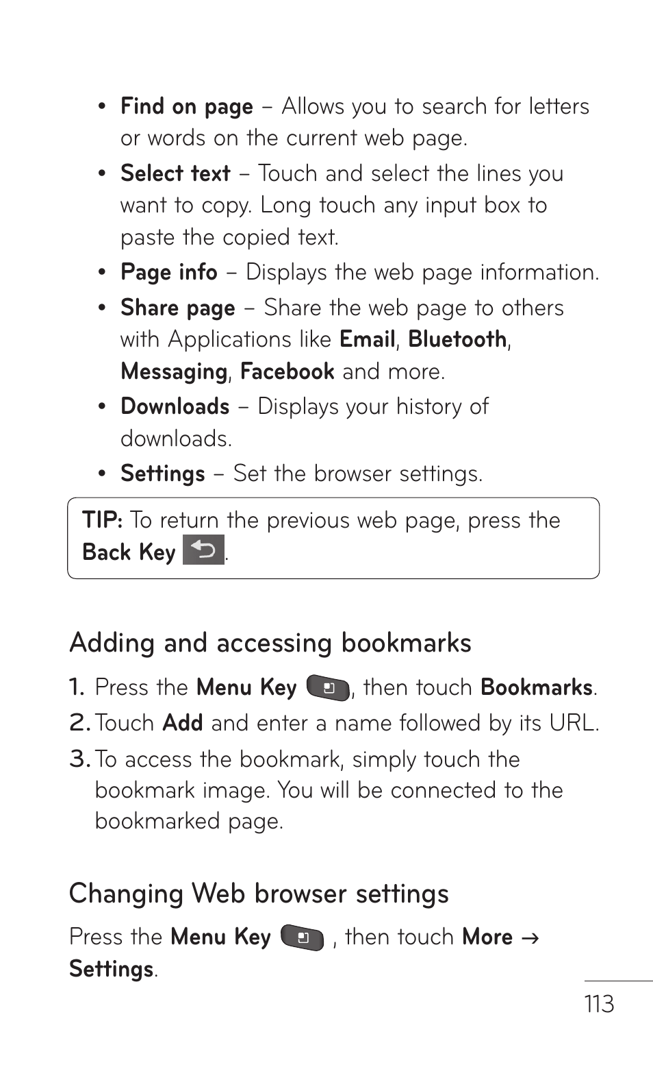 Adding and accessing bookmarks, Changing web browser settings | LG LGP504 User Manual | Page 113 / 380