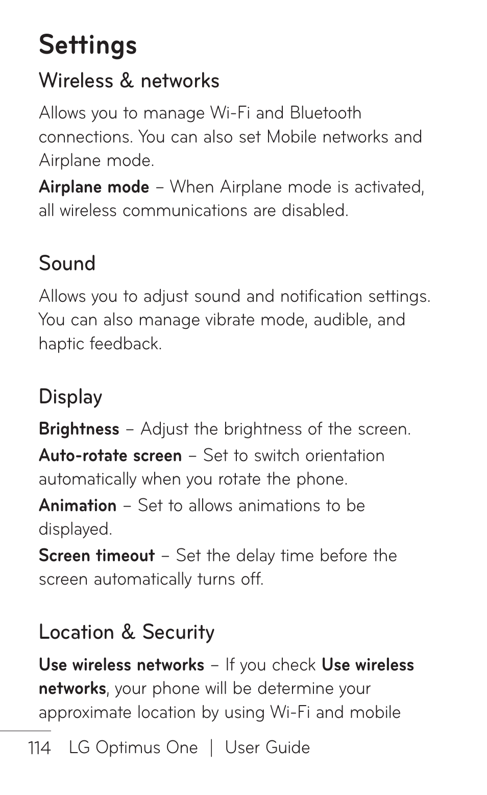 Settings, Wireless & networks, Sound | Display, Location & security | LG LGP504 User Manual | Page 114 / 380