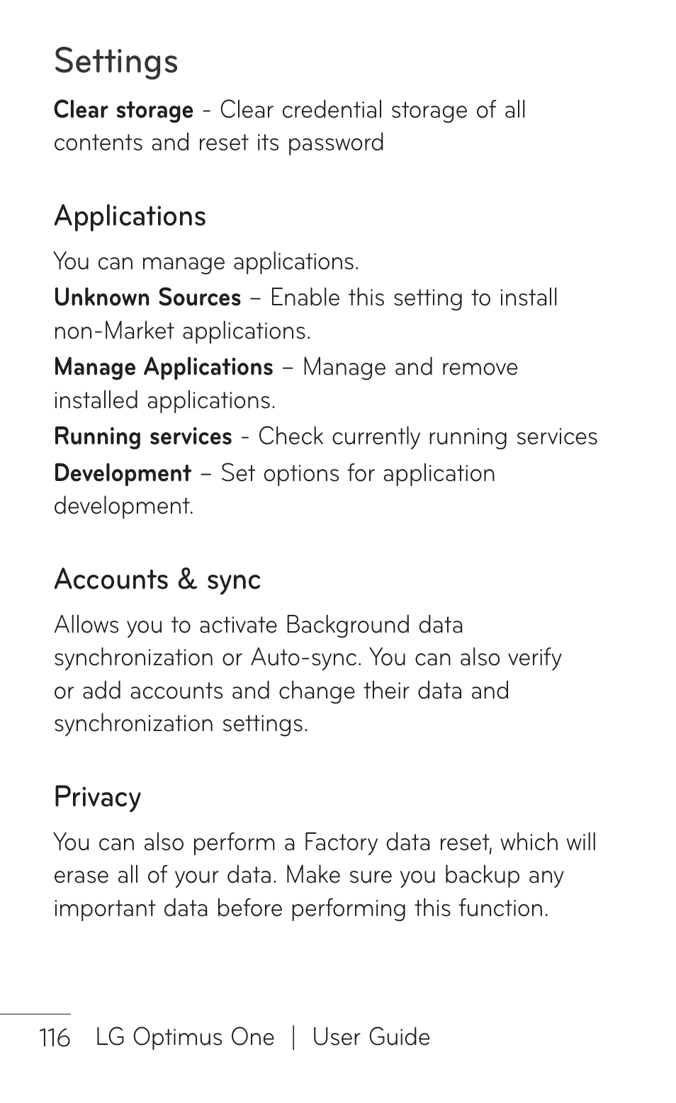 Applications, Accounts & sync, Privacy | Settings | LG LGP504 User Manual | Page 116 / 380