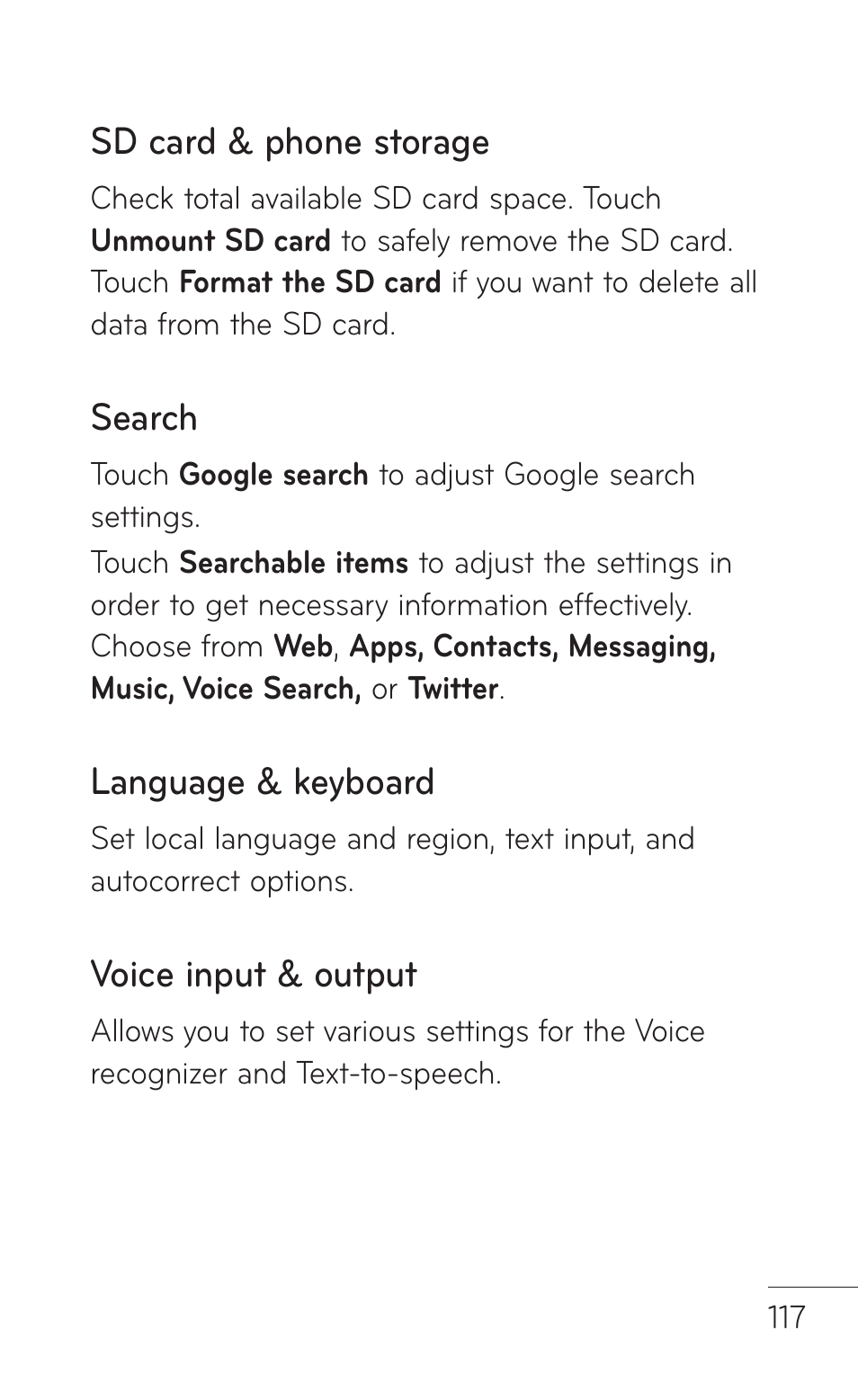 Sd card & phone storage, Search, Language & keyboard | Voice input & output | LG LGP504 User Manual | Page 117 / 380