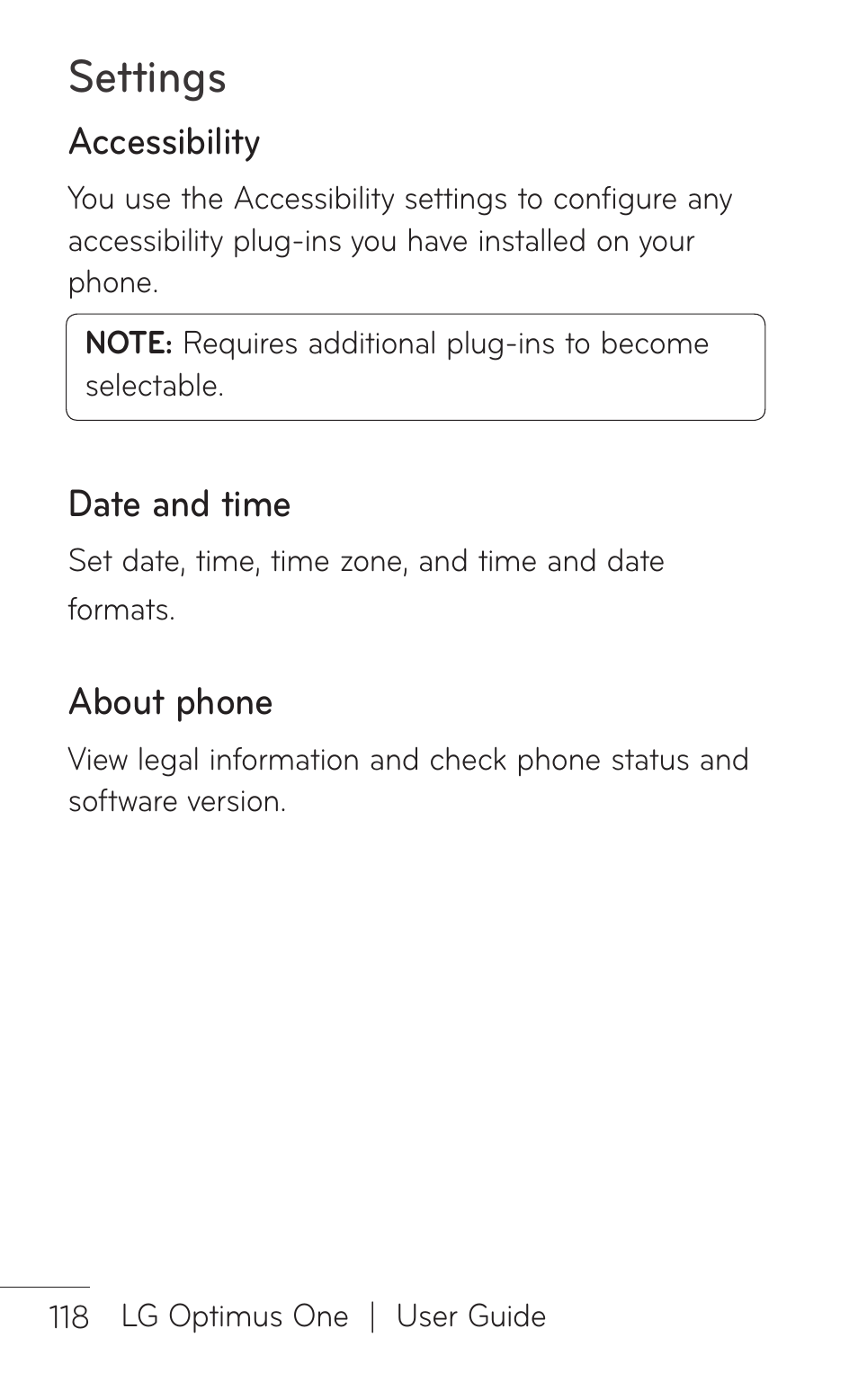 Accessibility, Date and time, About phone | Settings | LG LGP504 User Manual | Page 118 / 380