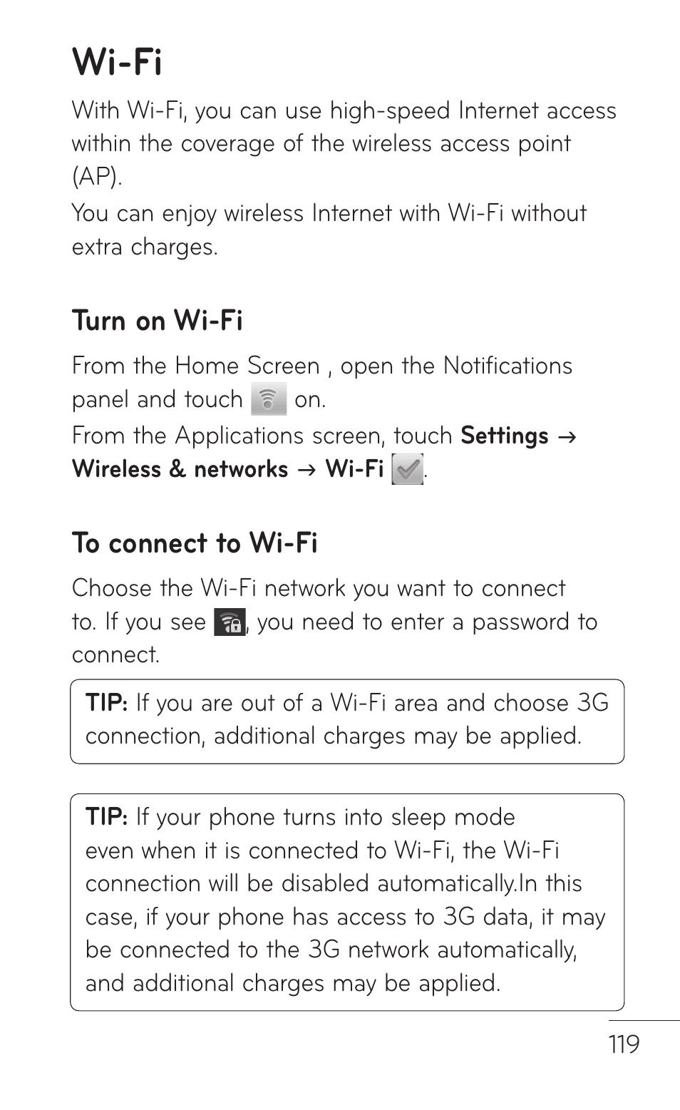 Wi-fi, Turn on wi-fi, To connect to wi-fi | LG LGP504 User Manual | Page 119 / 380